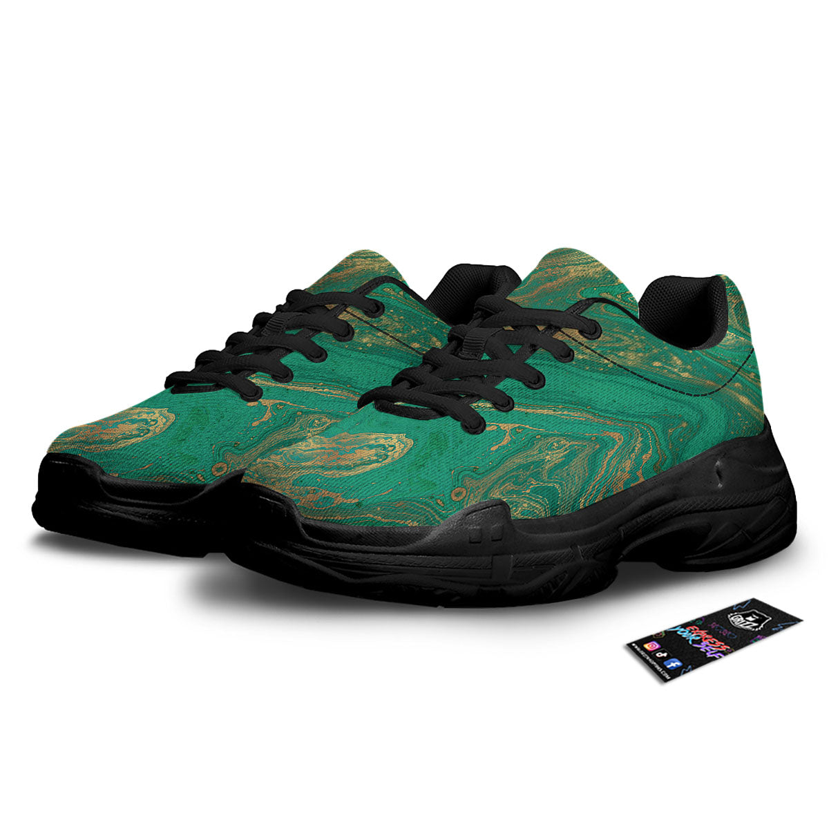 Marble Liquid Green Gold Print Black Chunky Shoes-grizzshop