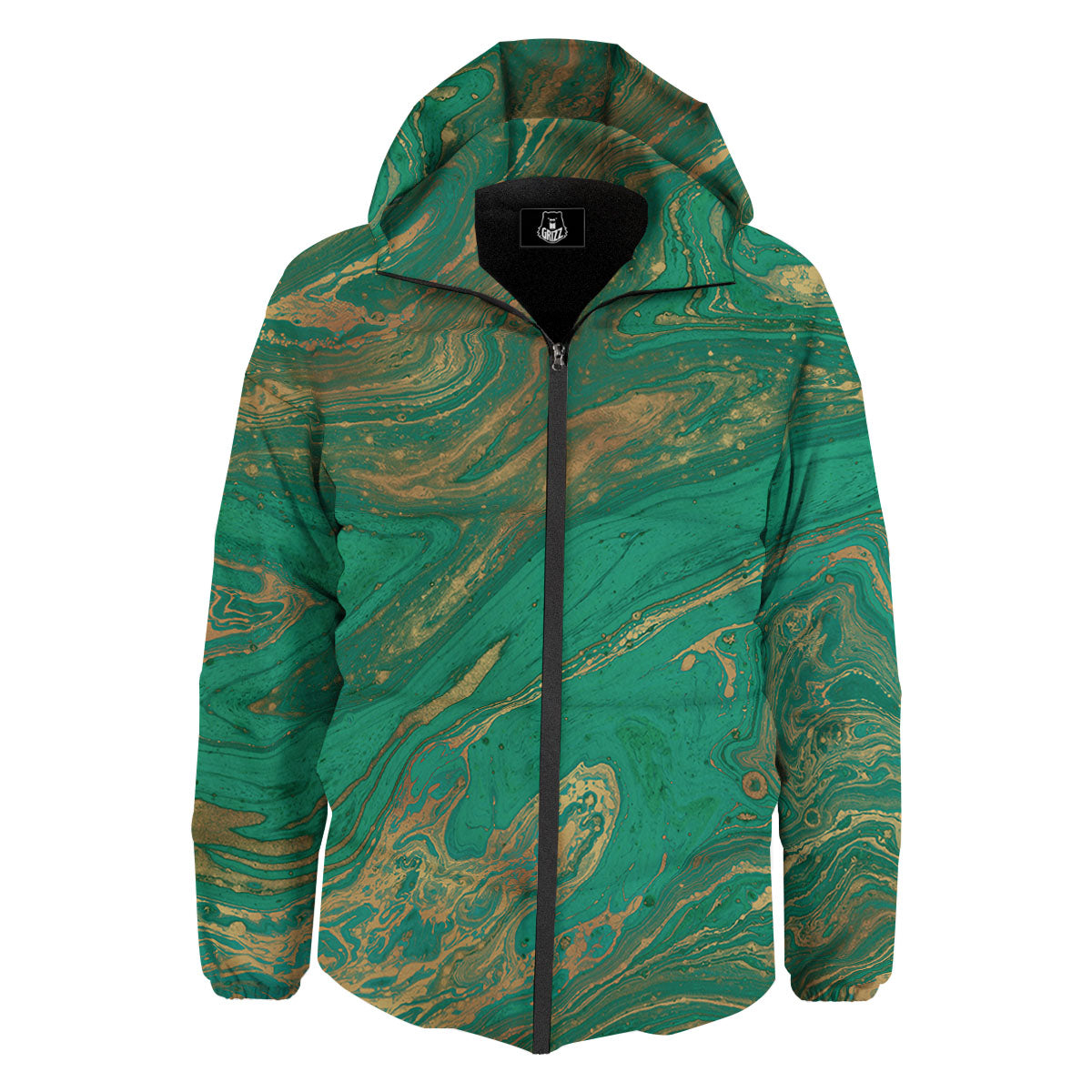 Marble Liquid Green Gold Print Down Jacket-grizzshop