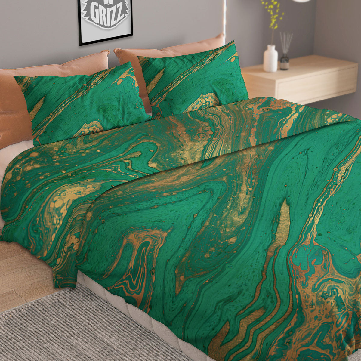 Marble Liquid Green Gold Print Duvet Cover Bedding Set