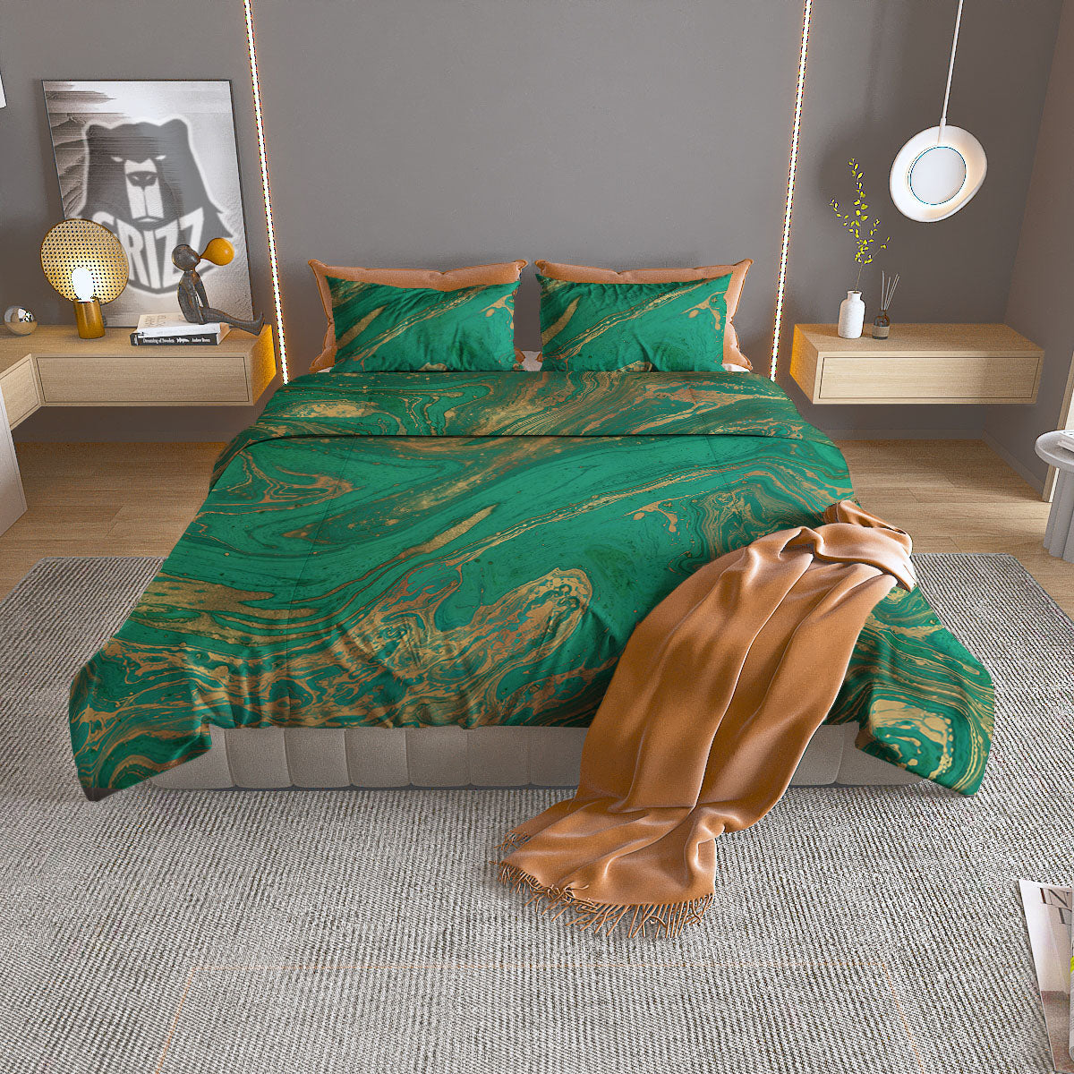 Marble Liquid Green Gold Print Duvet Cover Bedding Set