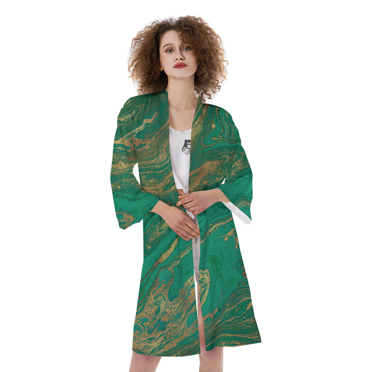 Marble Liquid Green Gold Print Kimono-grizzshop
