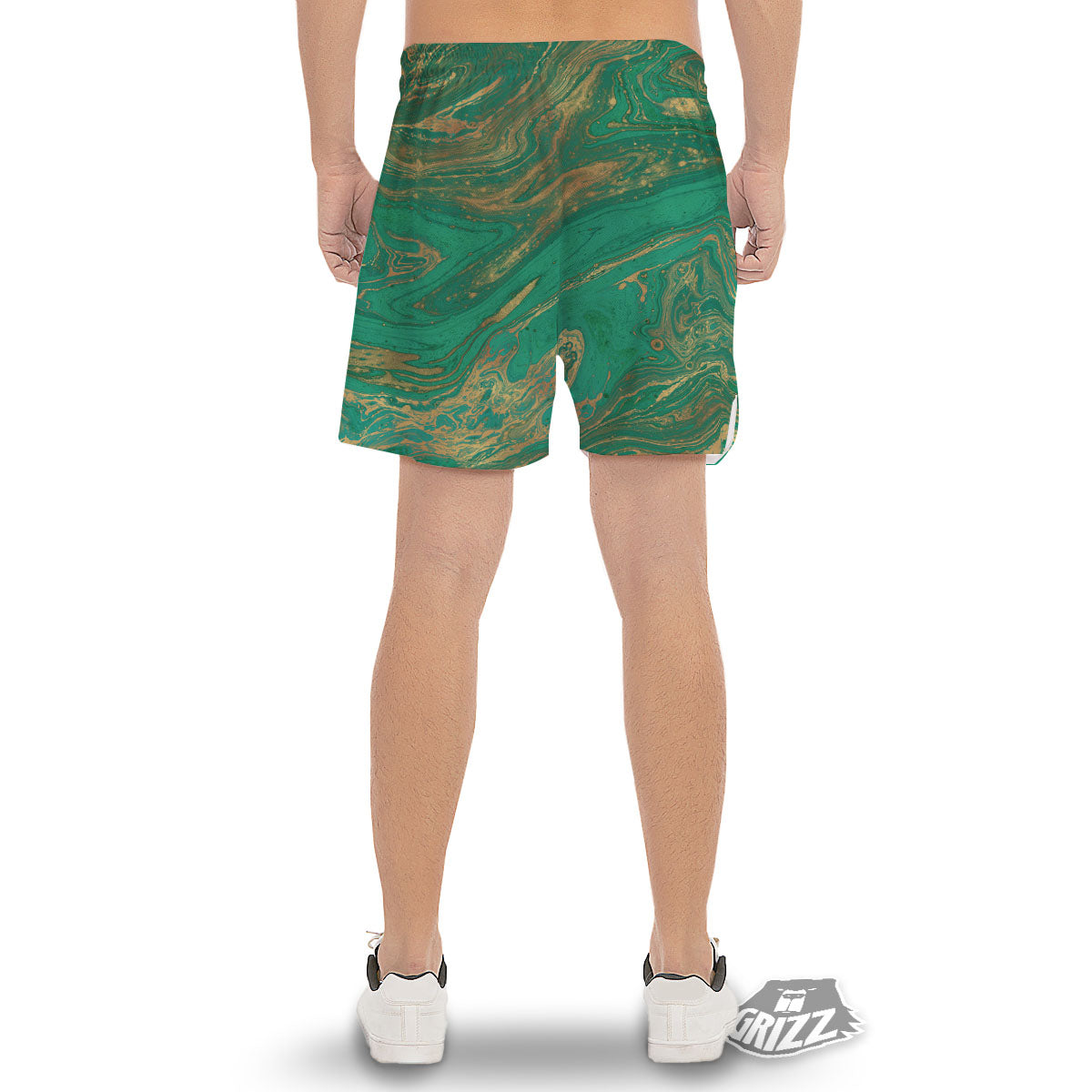 Marble Liquid Green Gold Print Men's Gym Shorts-grizzshop