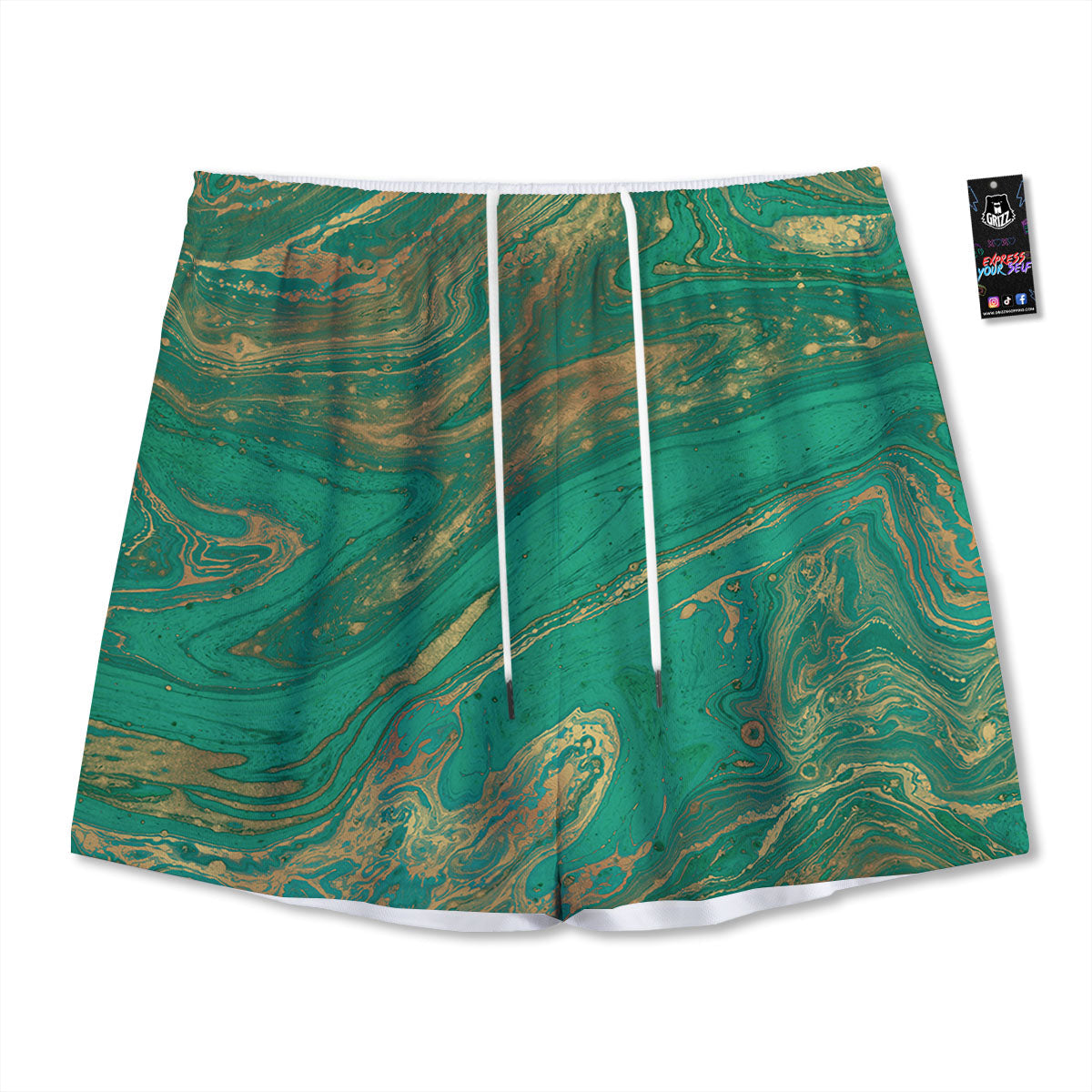 Marble Liquid Green Gold Print Mesh Shorts