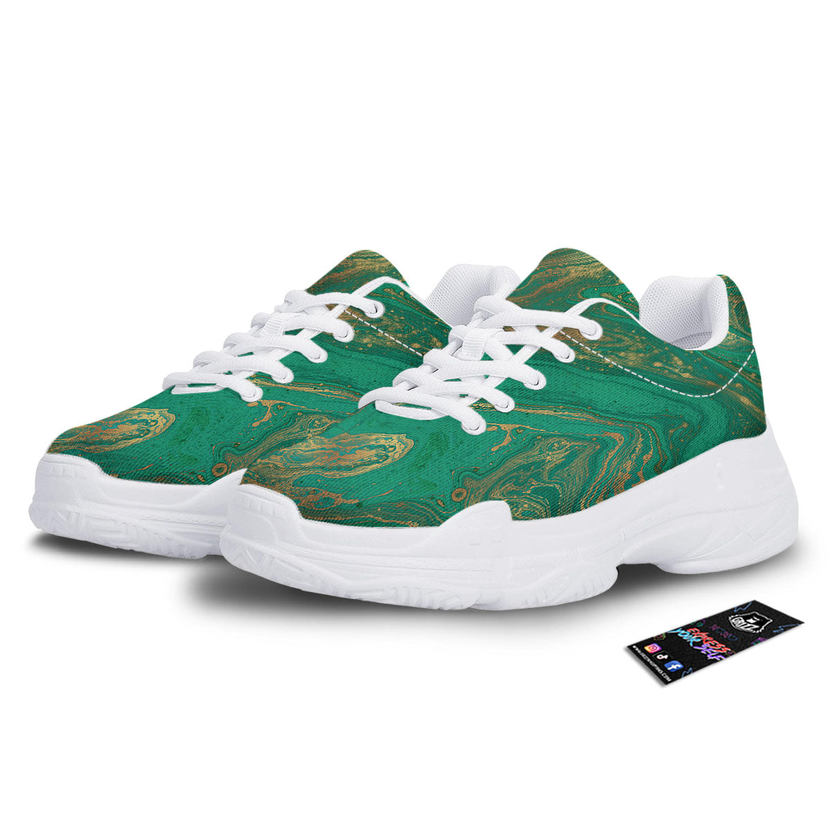 Marble Liquid Green Gold Print White Chunky Shoes-grizzshop