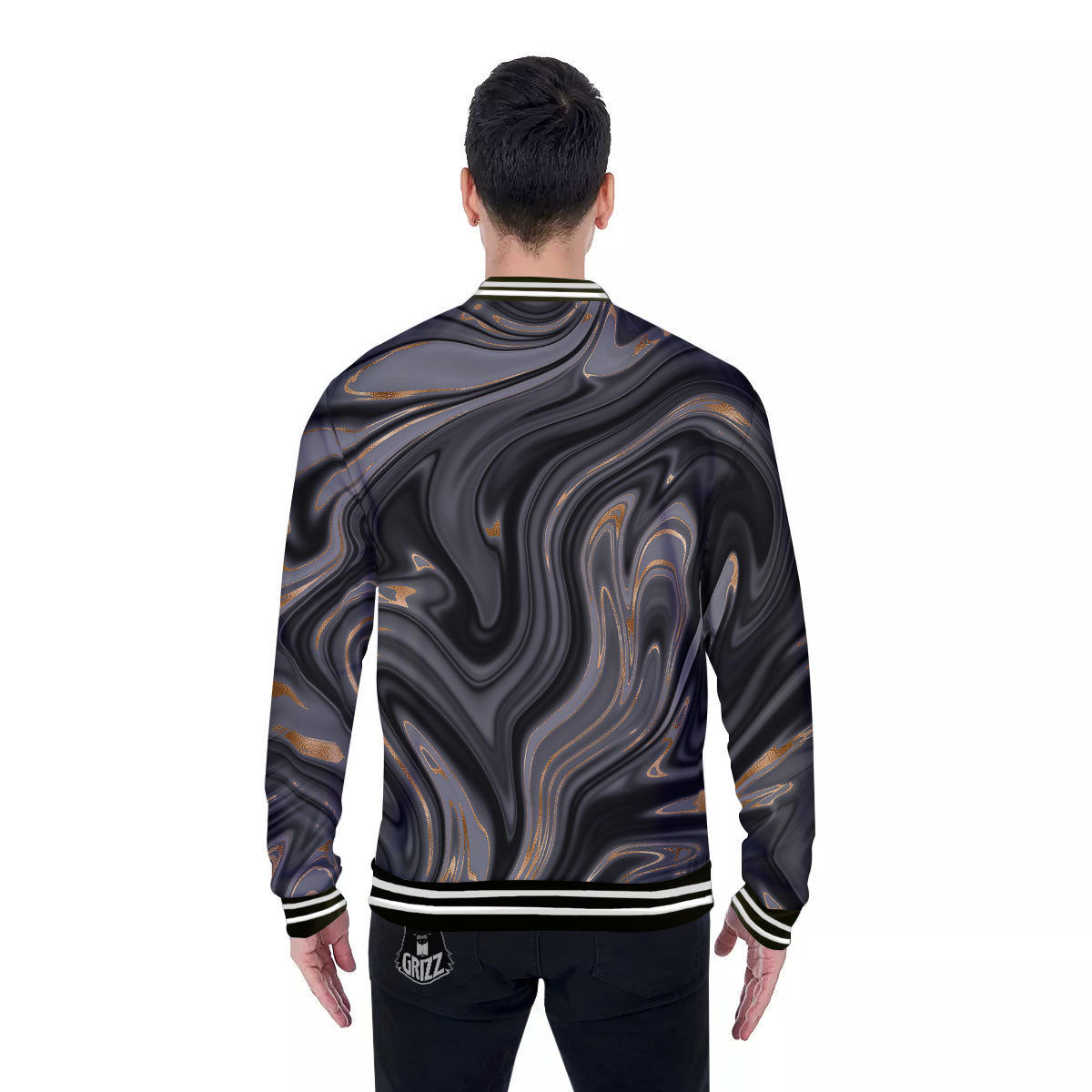 Marble Liquid Grey Gold Print Baseball Jacket-grizzshop