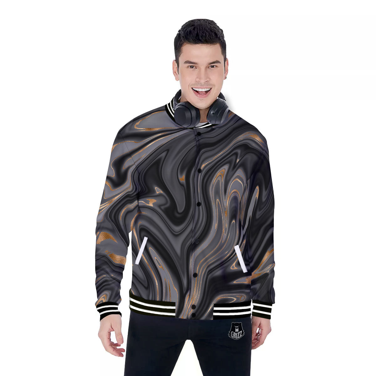 Marble Liquid Grey Gold Print Baseball Jacket-grizzshop