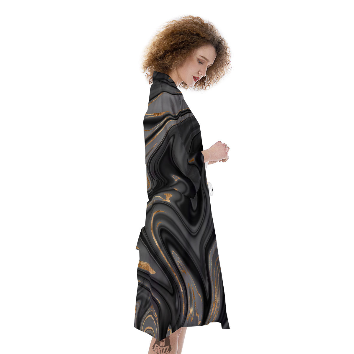 Marble Liquid Grey Gold Print Kimono-grizzshop