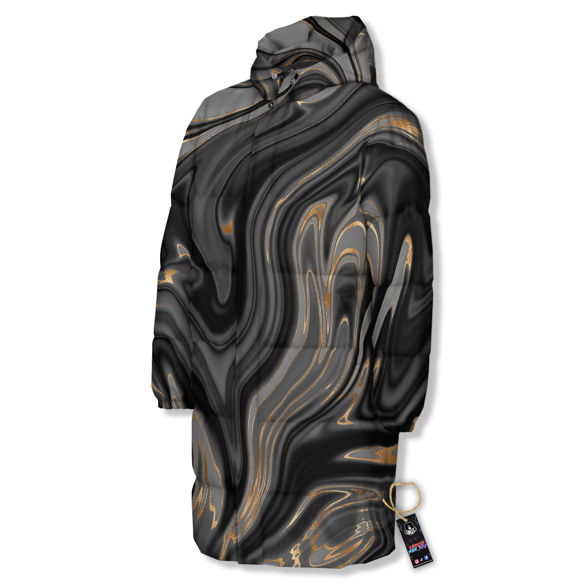 Marble Liquid Grey Gold Print Long Down Jacket-grizzshop