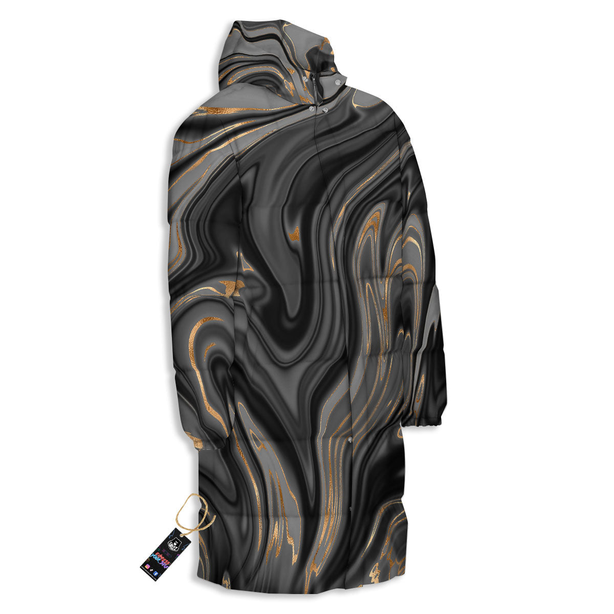Marble Liquid Grey Gold Print Long Down Jacket-grizzshop