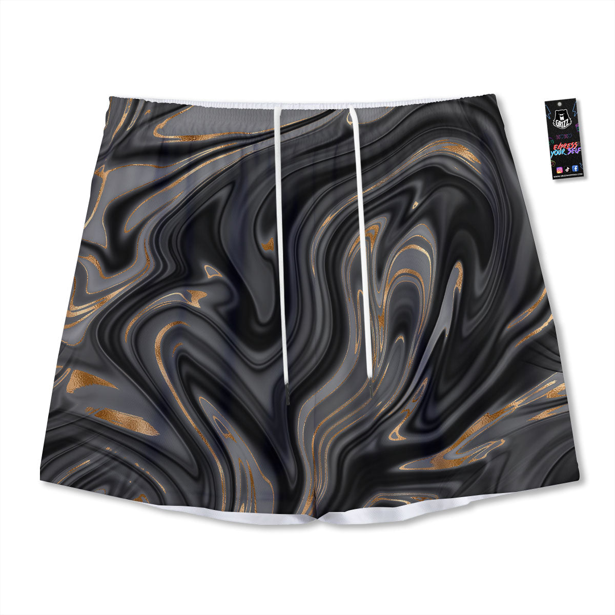 Marble Liquid Grey Gold Print Mesh Shorts