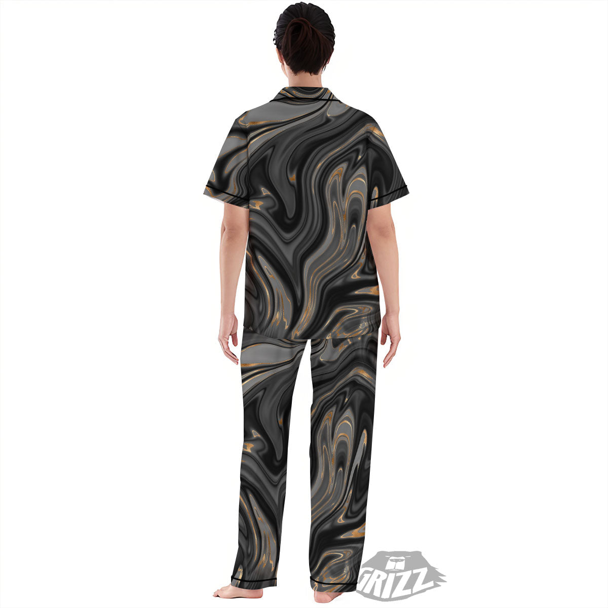 Marble Liquid Grey Gold Print Women's Pajamas Set-grizzshop
