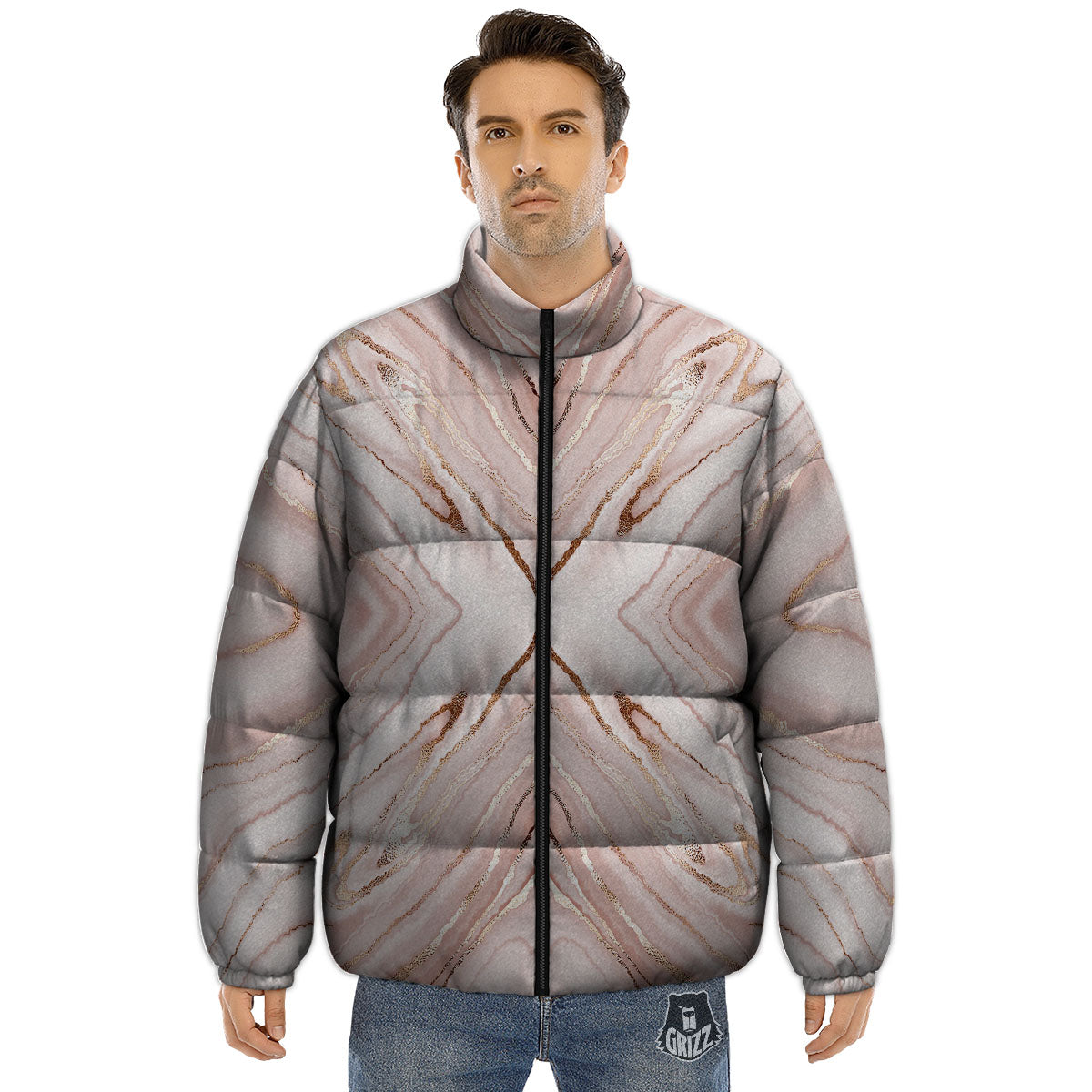 Marble Liquid Pink Gold Print Pattern Puffer Jacket-grizzshop