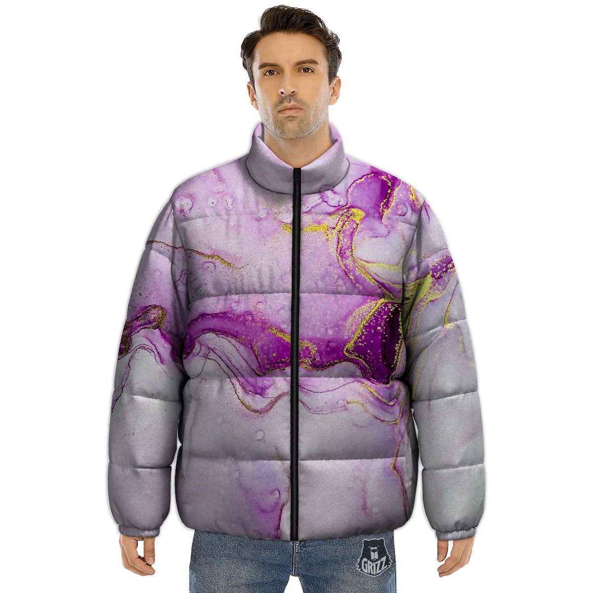 Marble Liquid Purple Print Pattern Puffer Jacket-grizzshop