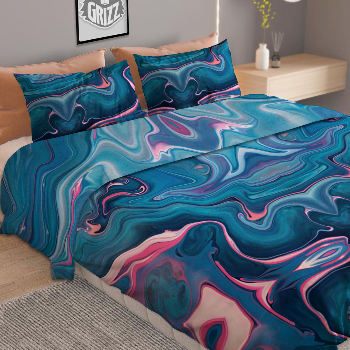 Marble Liquid Teal Pink Print Pattern Duvet Cover Bedding Set