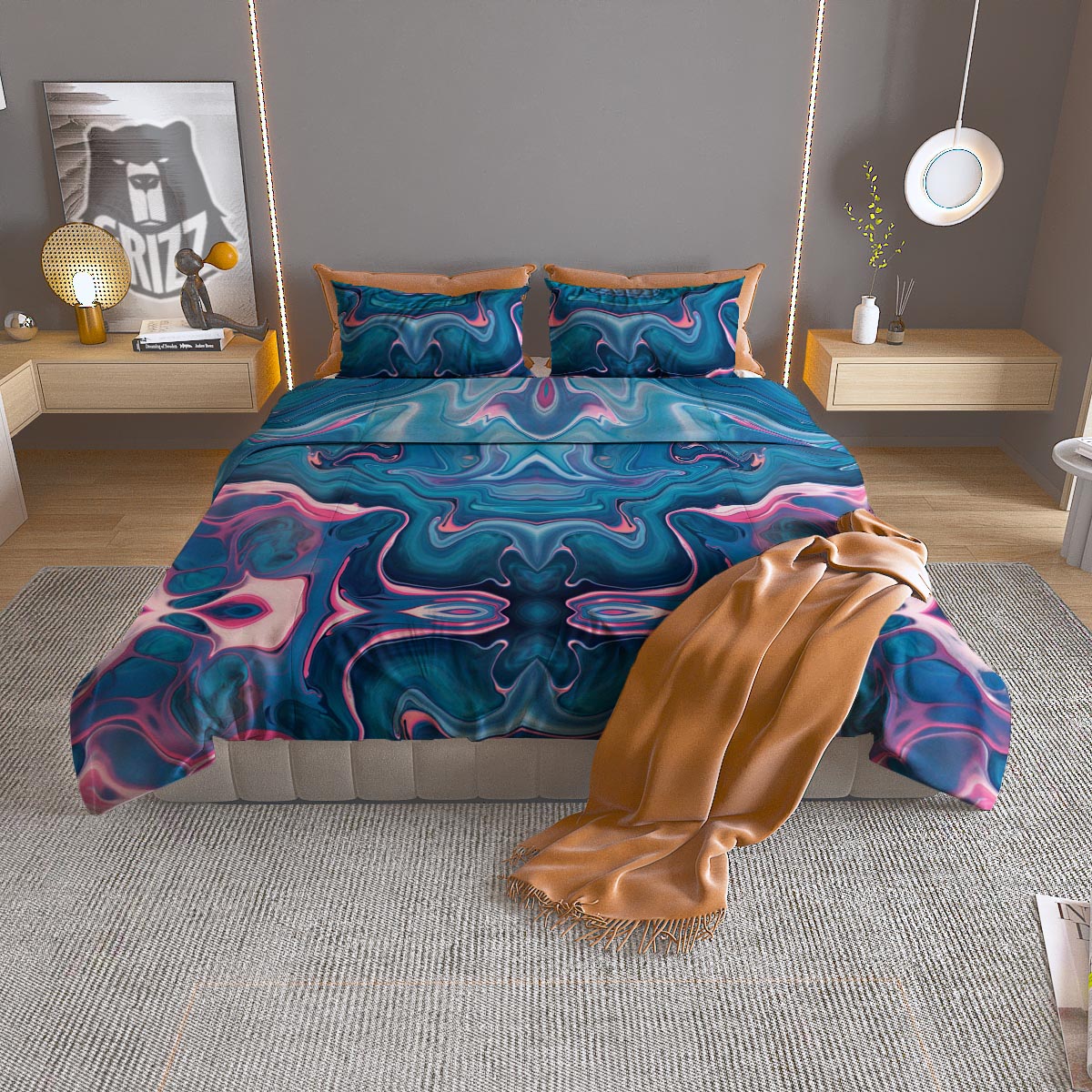Marble Liquid Teal Pink Print Pattern Duvet Cover Bedding Set