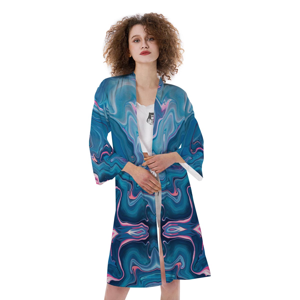 Marble Liquid Teal Pink Print Pattern Kimono-grizzshop