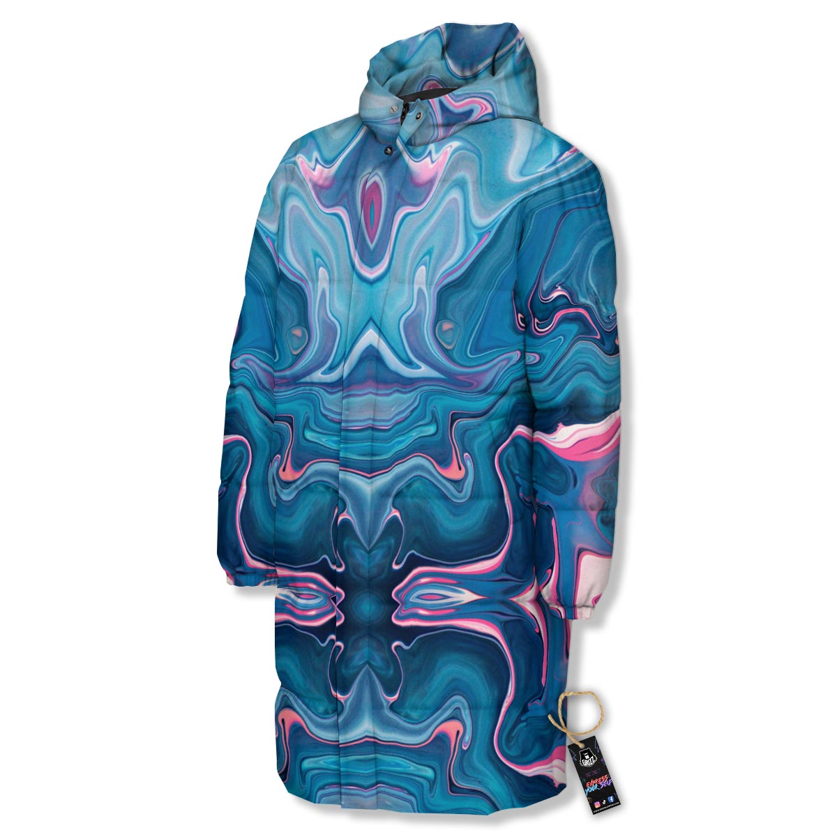 Marble Liquid Teal Pink Print Pattern Long Down Jacket-grizzshop