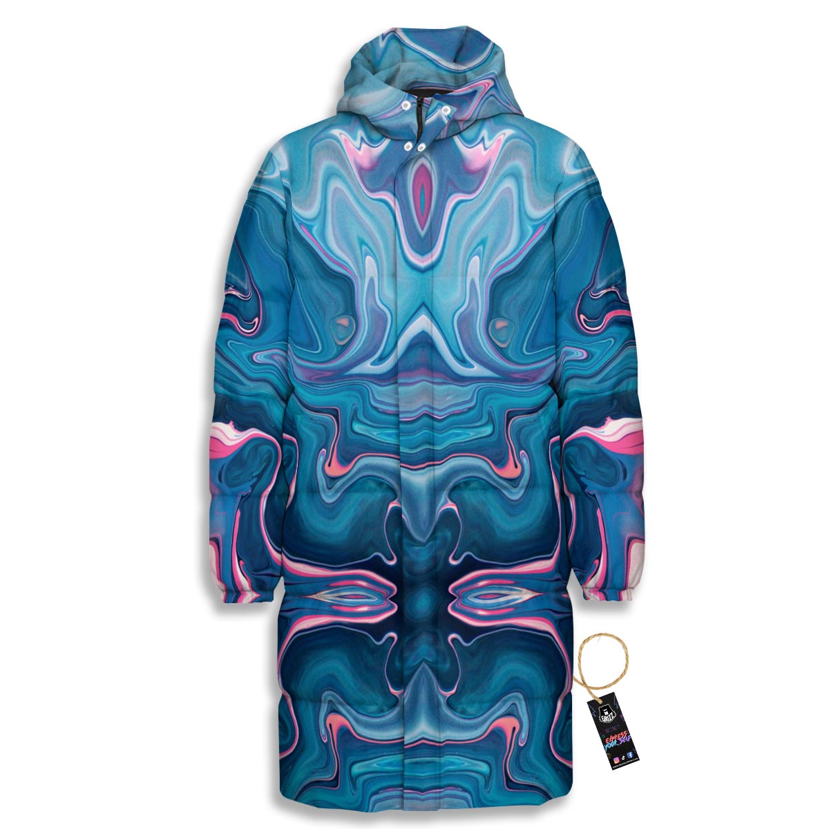 Marble Liquid Teal Pink Print Pattern Long Down Jacket-grizzshop