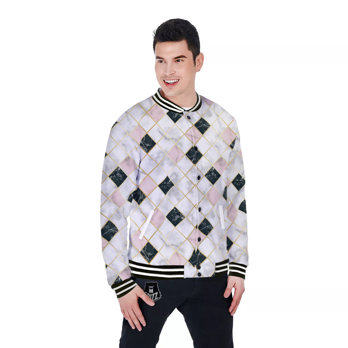 Marble Luxury Geometric Print Baseball Jacket-grizzshop