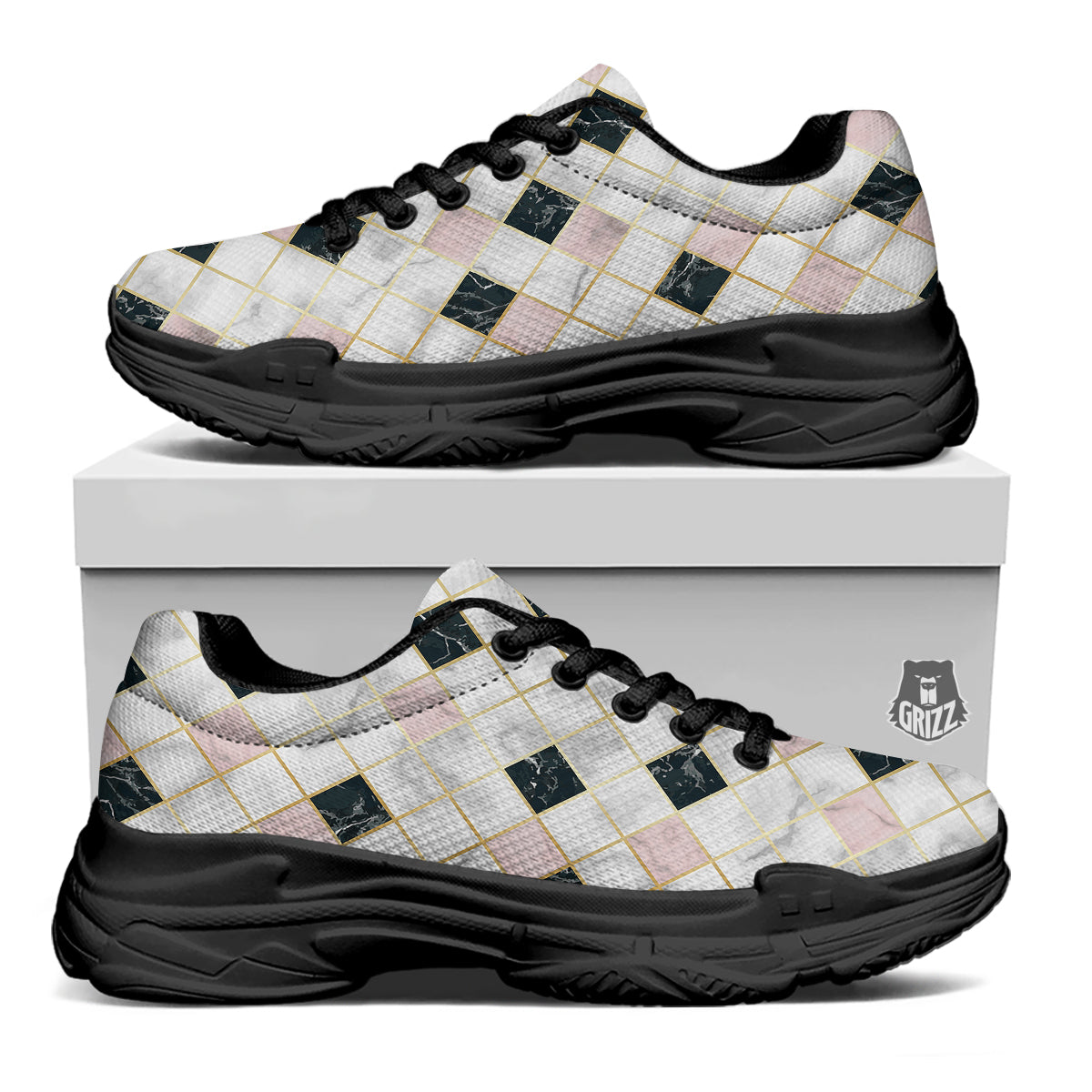 Marble Luxury Geometric Print Black Chunky Shoes-grizzshop