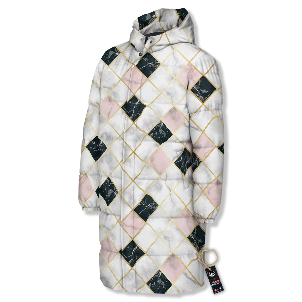 Marble Luxury Geometric Print Long Down Jacket-grizzshop