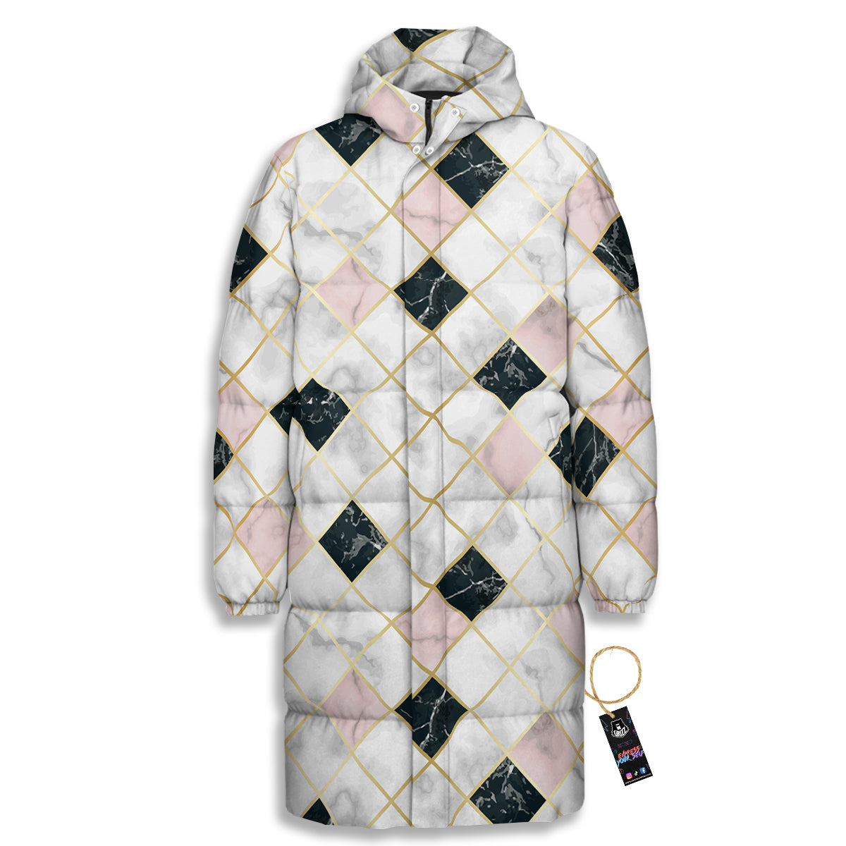 Marble Luxury Geometric Print Long Down Jacket-grizzshop