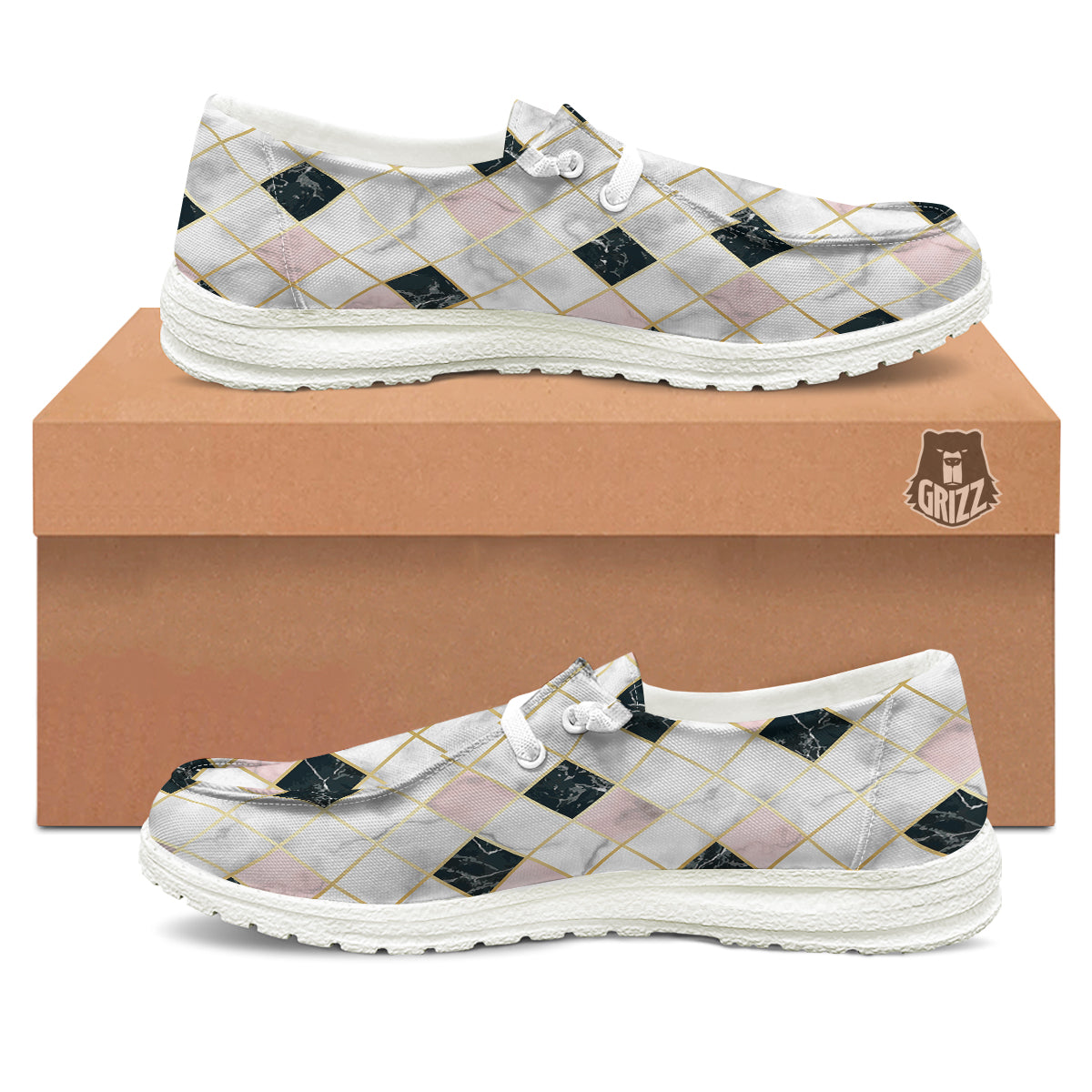 Marble Luxury Geometric Print White Loafers-grizzshop