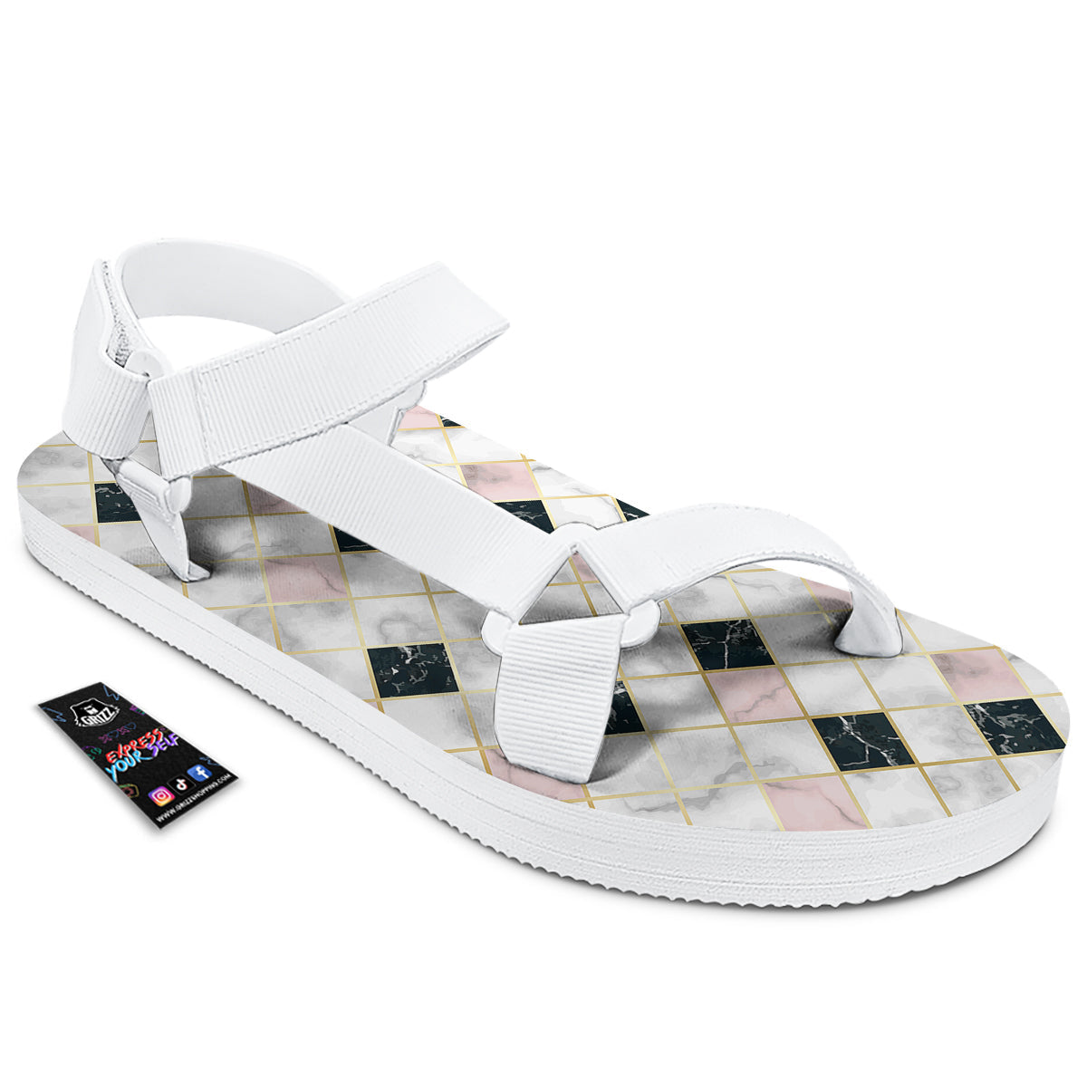 Marble Luxury Geometric Print White Open Toe Sandals-grizzshop