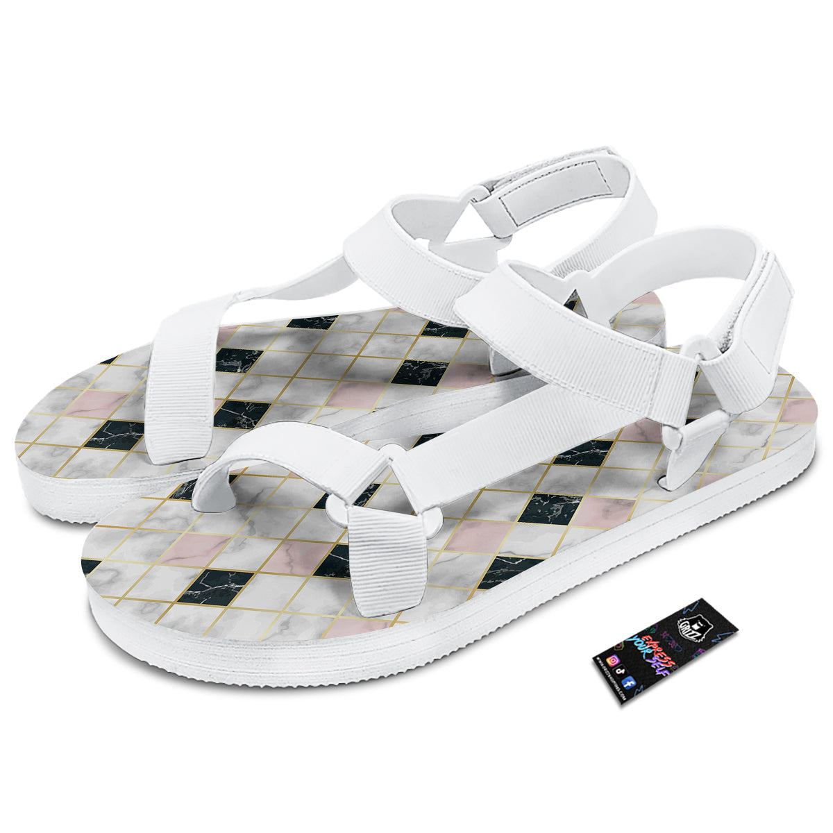 Marble Luxury Geometric Print White Open Toe Sandals-grizzshop