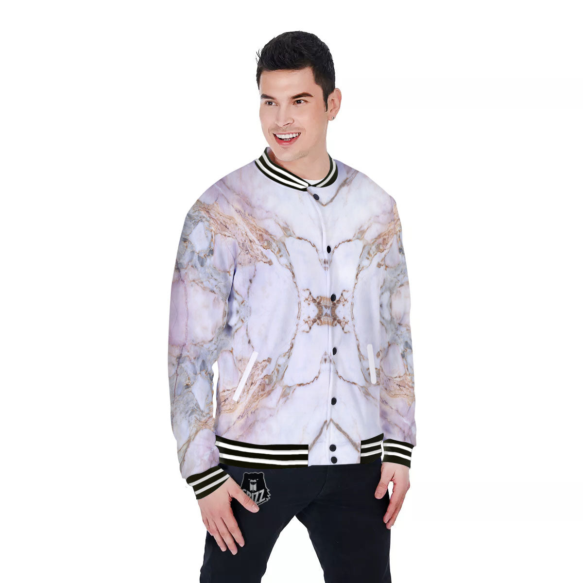 Marble Pink Grey White Print Pattern Baseball Jacket-grizzshop