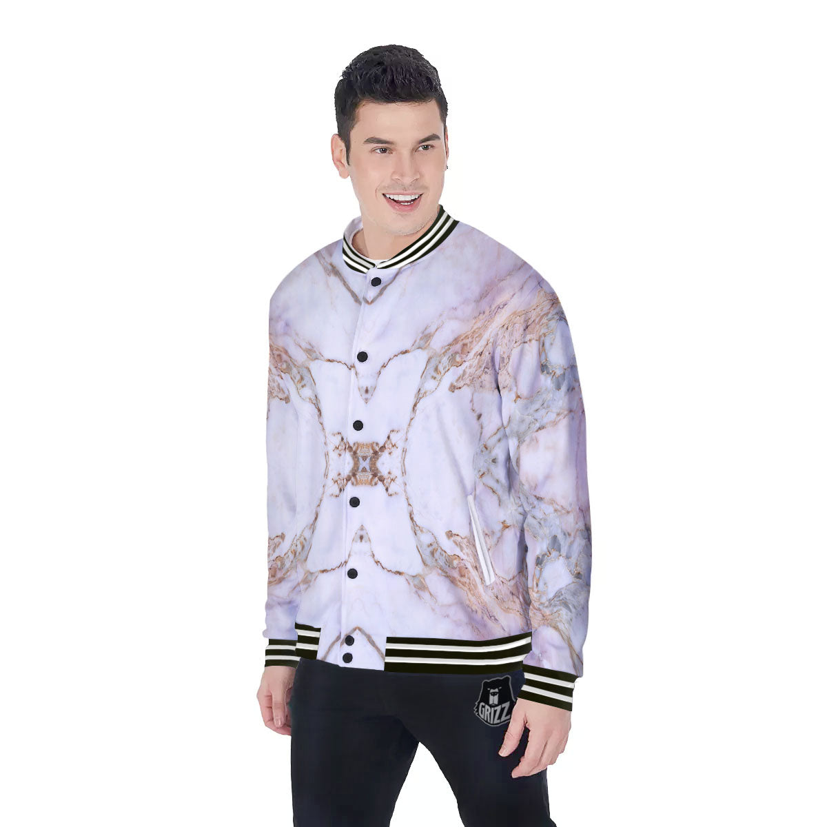 Marble Pink Grey White Print Pattern Baseball Jacket-grizzshop