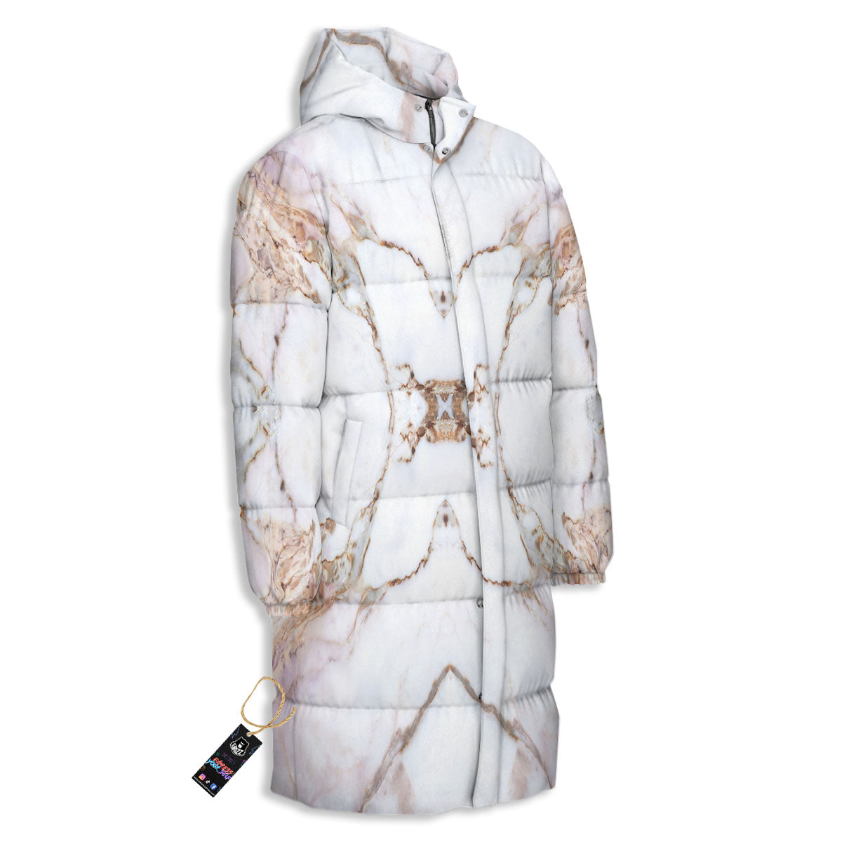 Marble Pink Grey White Print Pattern Long Down Jacket-grizzshop