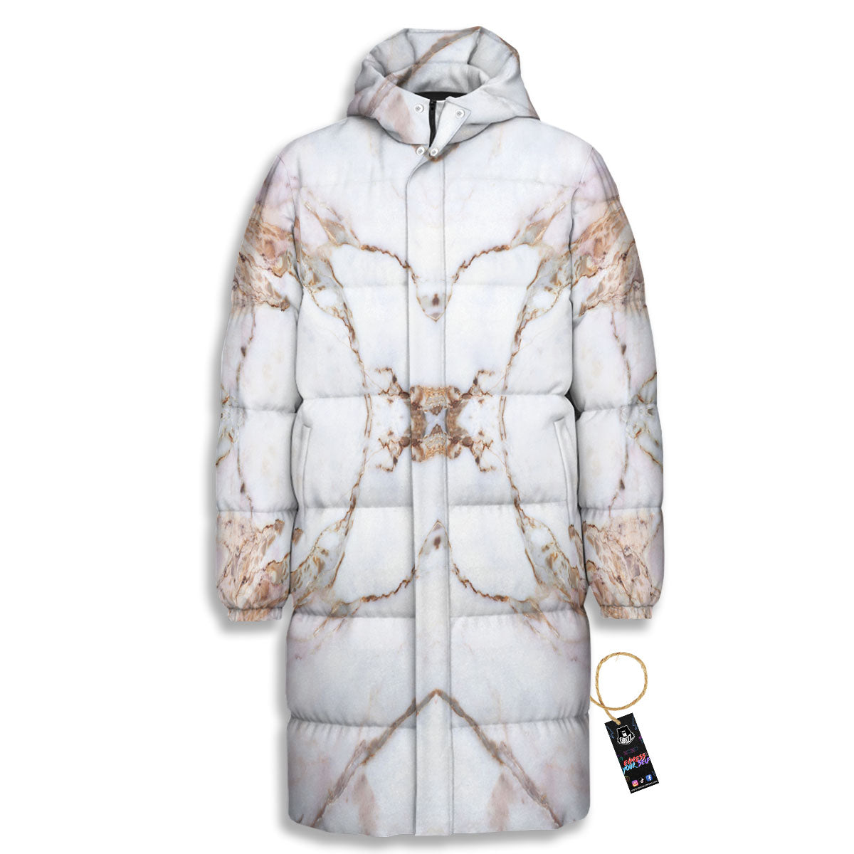 Marble Pink Grey White Print Pattern Long Down Jacket-grizzshop