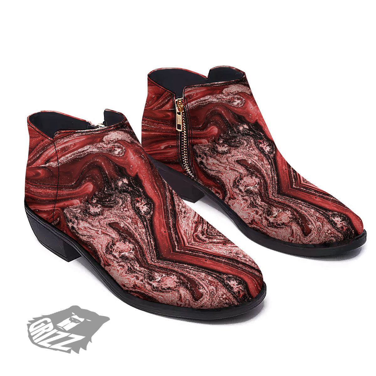 Marble Red Print Pattern Ankle Boots-grizzshop