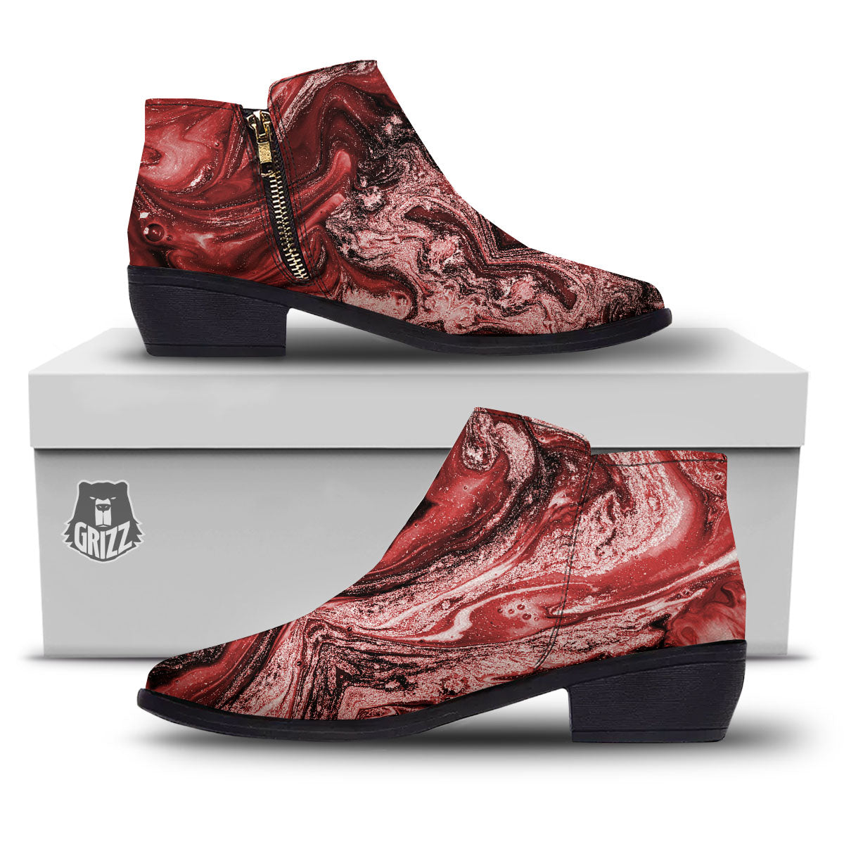 Marble Red Print Pattern Ankle Boots-grizzshop