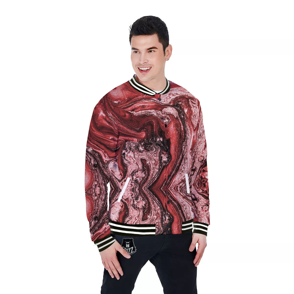 Marble Red Print Pattern Baseball Jacket-grizzshop