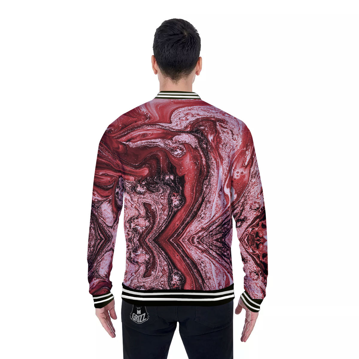 Marble Red Print Pattern Baseball Jacket-grizzshop