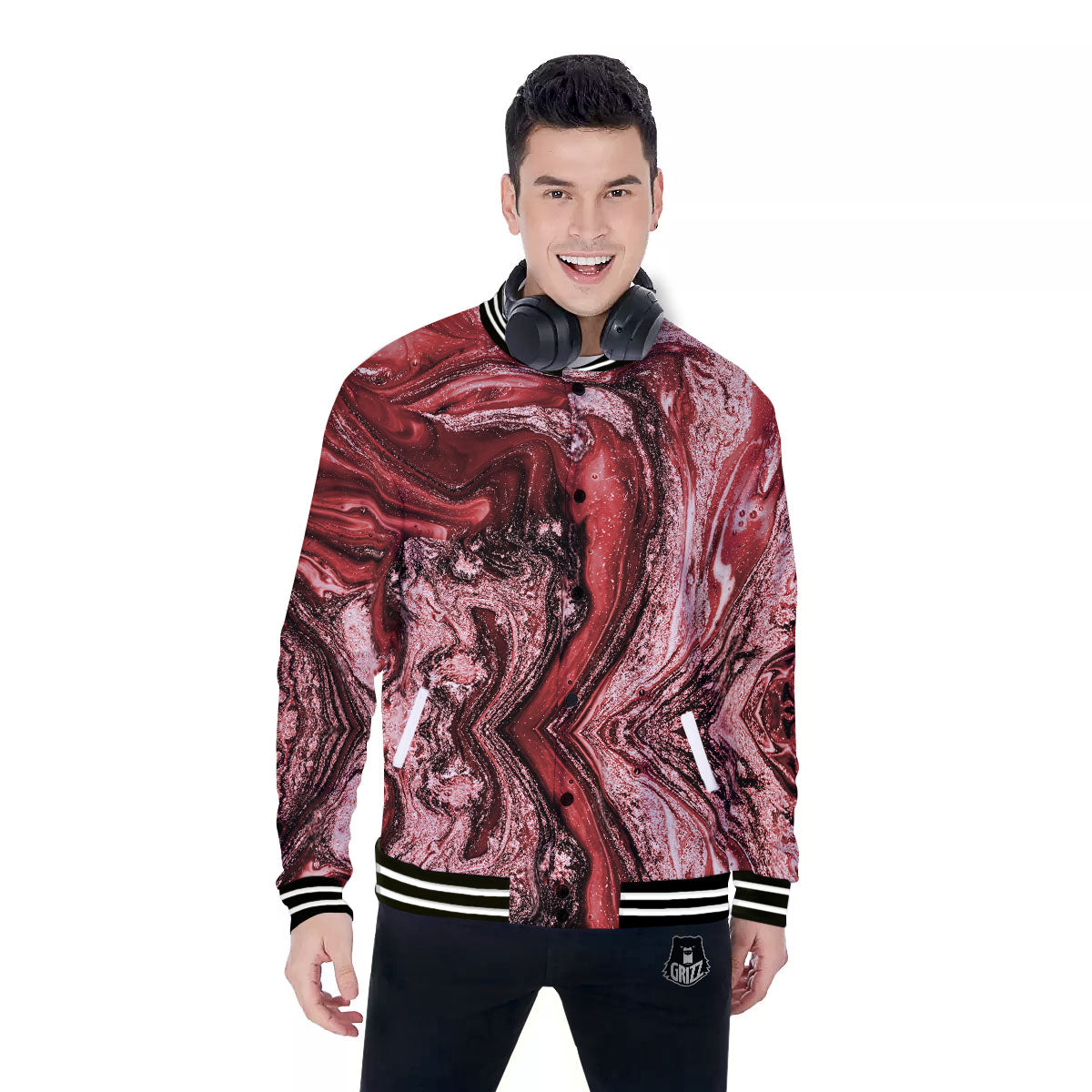 Marble Red Print Pattern Baseball Jacket-grizzshop