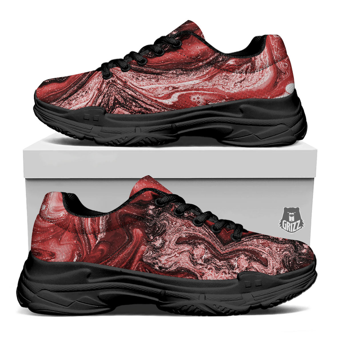 Marble Red Print Pattern Black Chunky Shoes-grizzshop