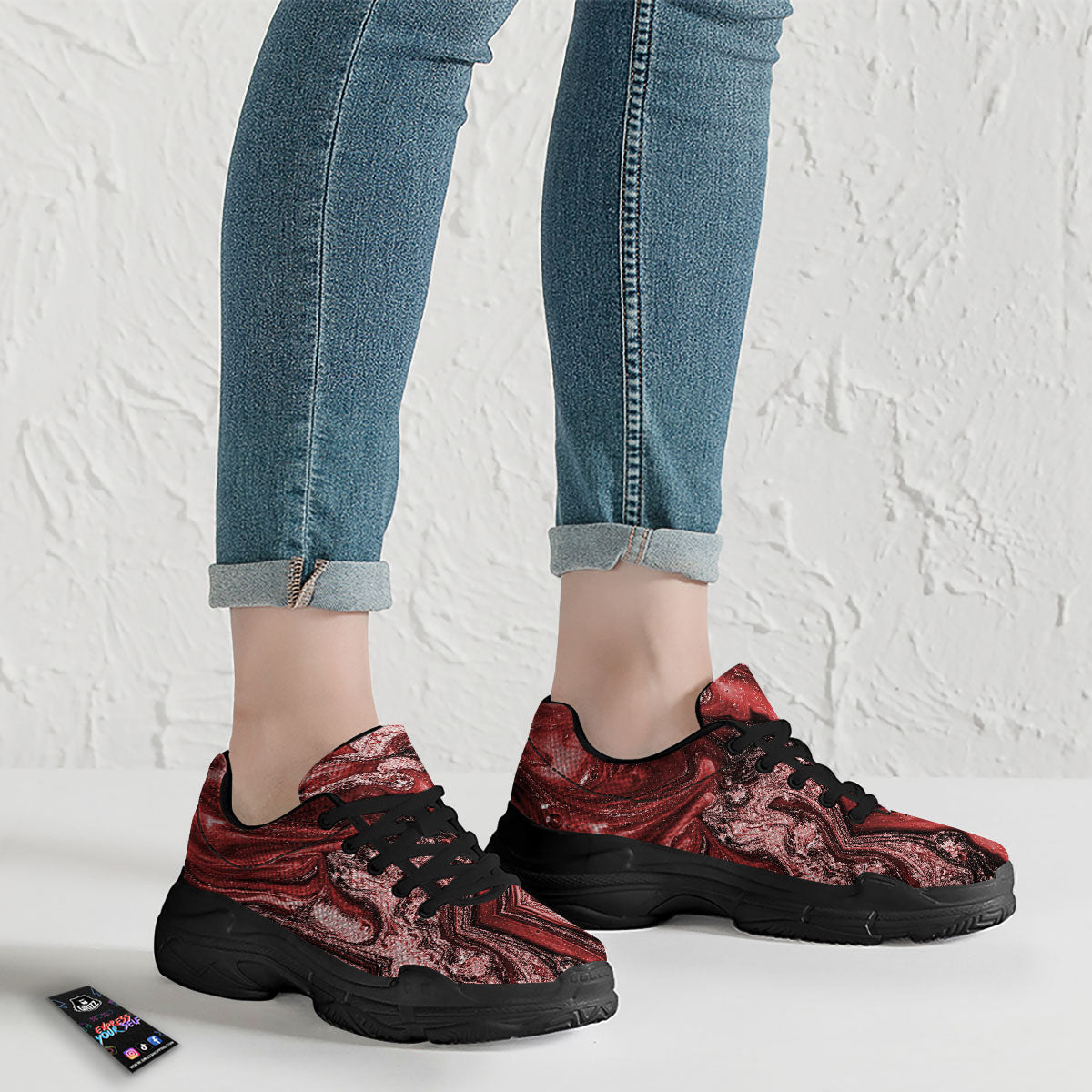 Marble Red Print Pattern Black Chunky Shoes-grizzshop
