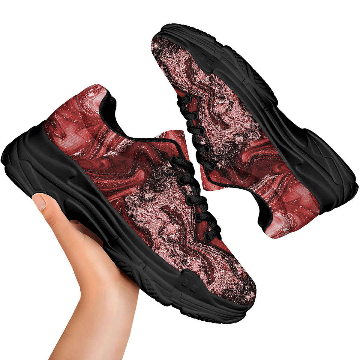 Marble Red Print Pattern Black Chunky Shoes-grizzshop