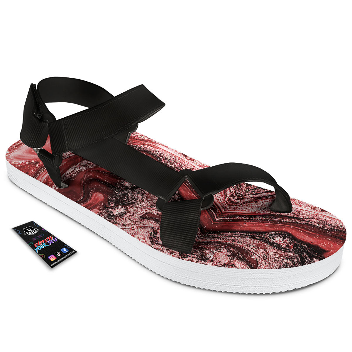 Marble Red Print Pattern Black Open Toe Sandals-grizzshop