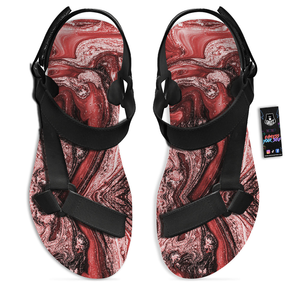 Marble Red Print Pattern Black Open Toe Sandals-grizzshop