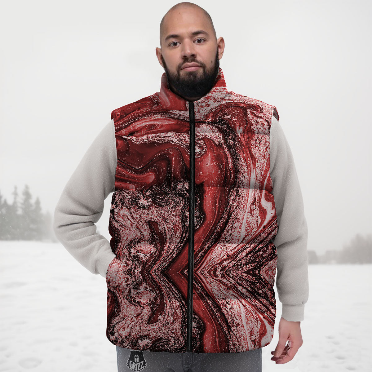 Marble Red Print Pattern Down Vest-grizzshop