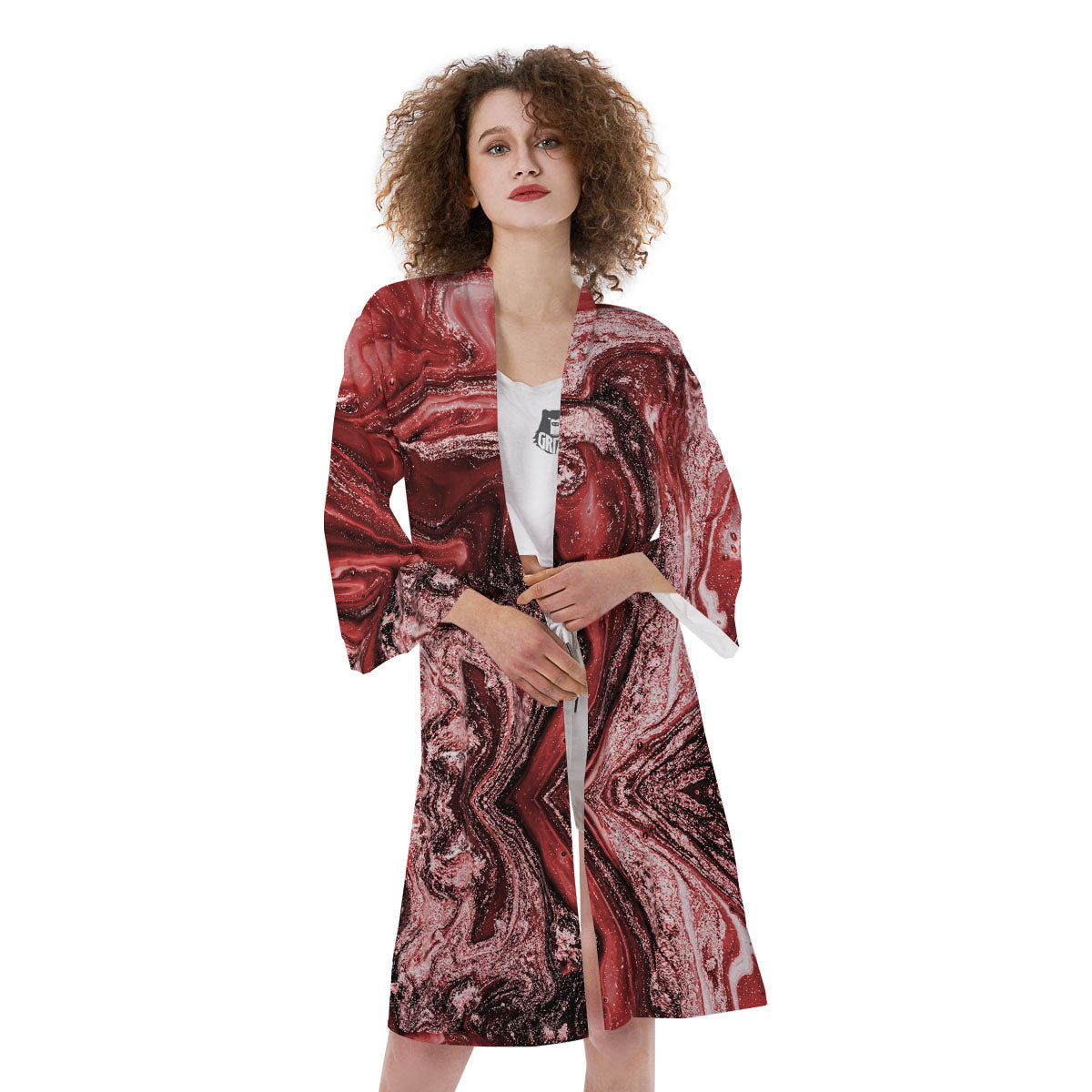 Marble Red Print Pattern Kimono-grizzshop