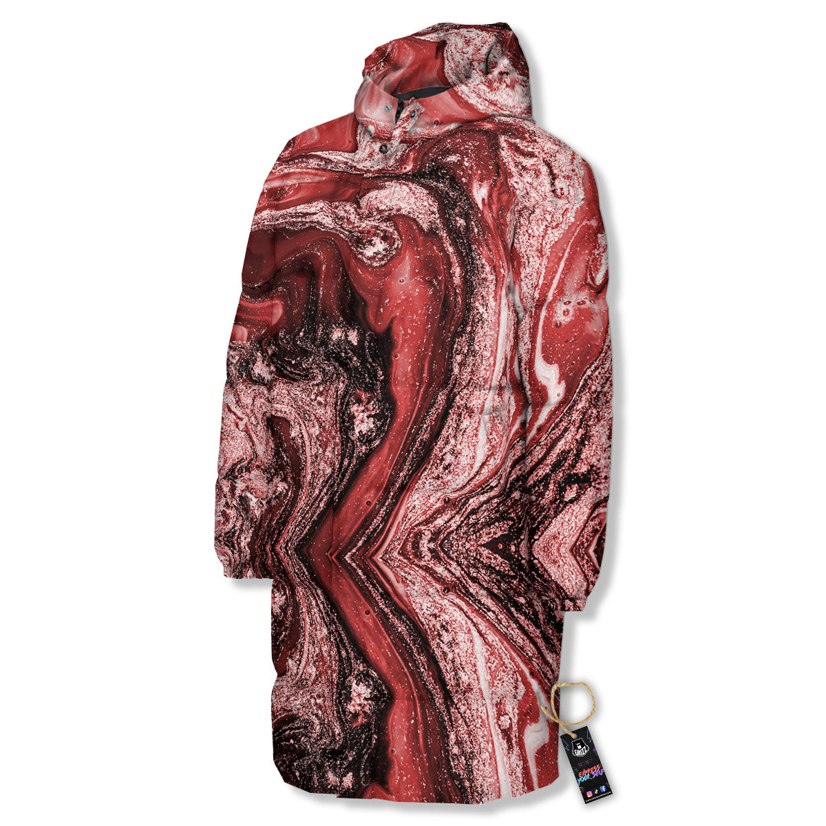 Marble Red Print Pattern Long Down Jacket-grizzshop