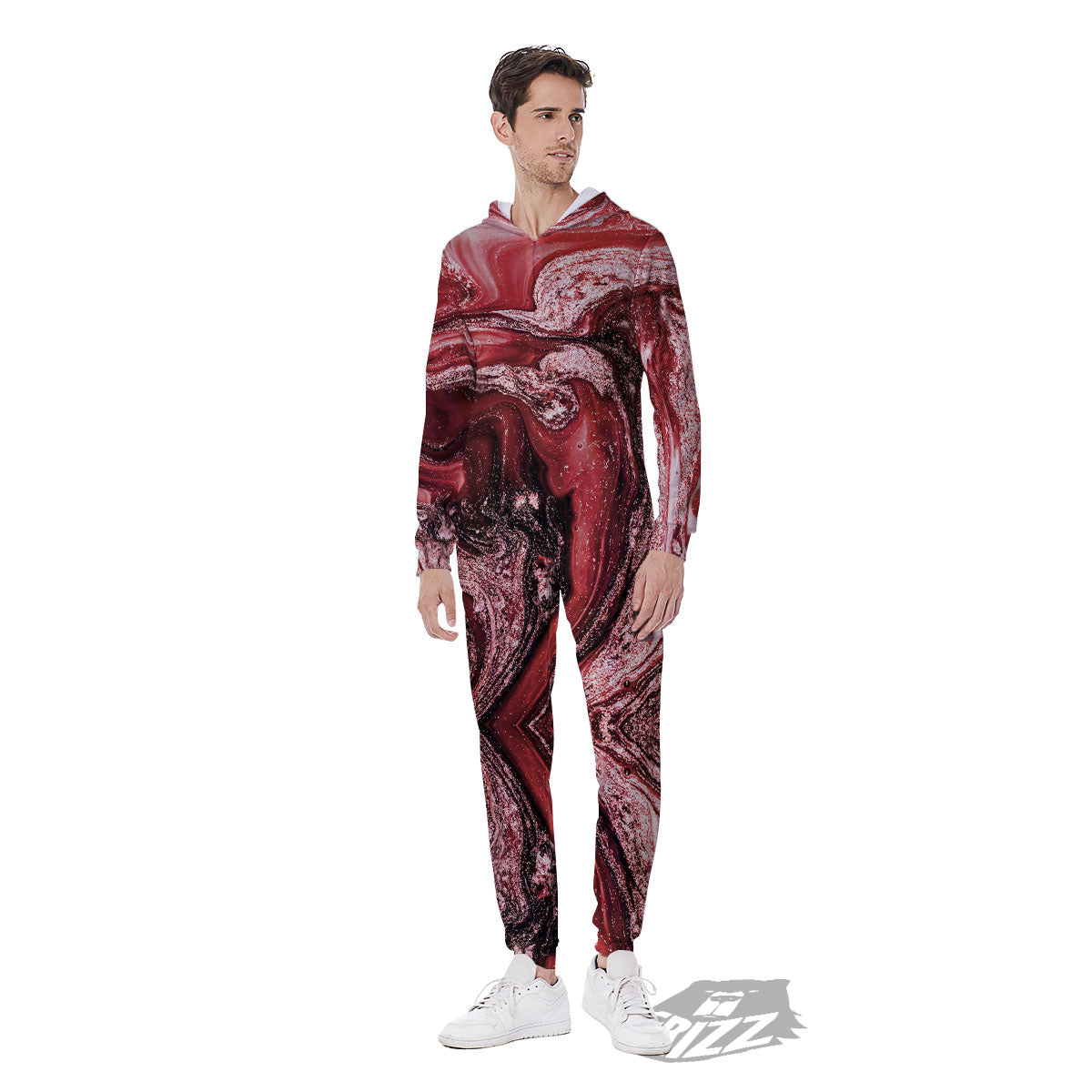 Marble Red Print Pattern Men's Jumpsuit-grizzshop