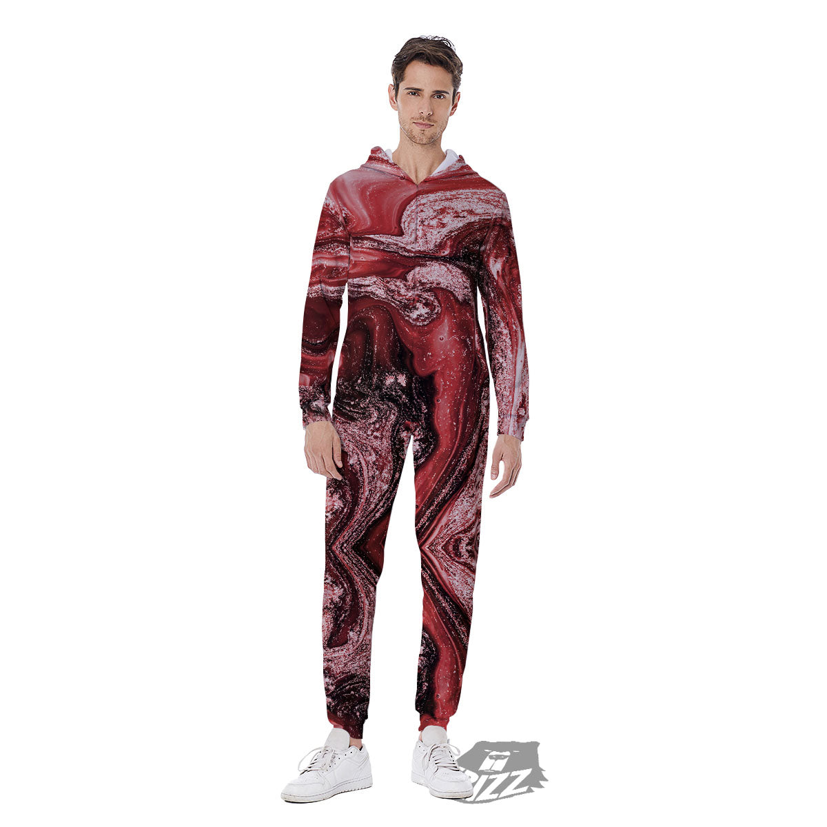 Marble Red Print Pattern Men's Jumpsuit-grizzshop