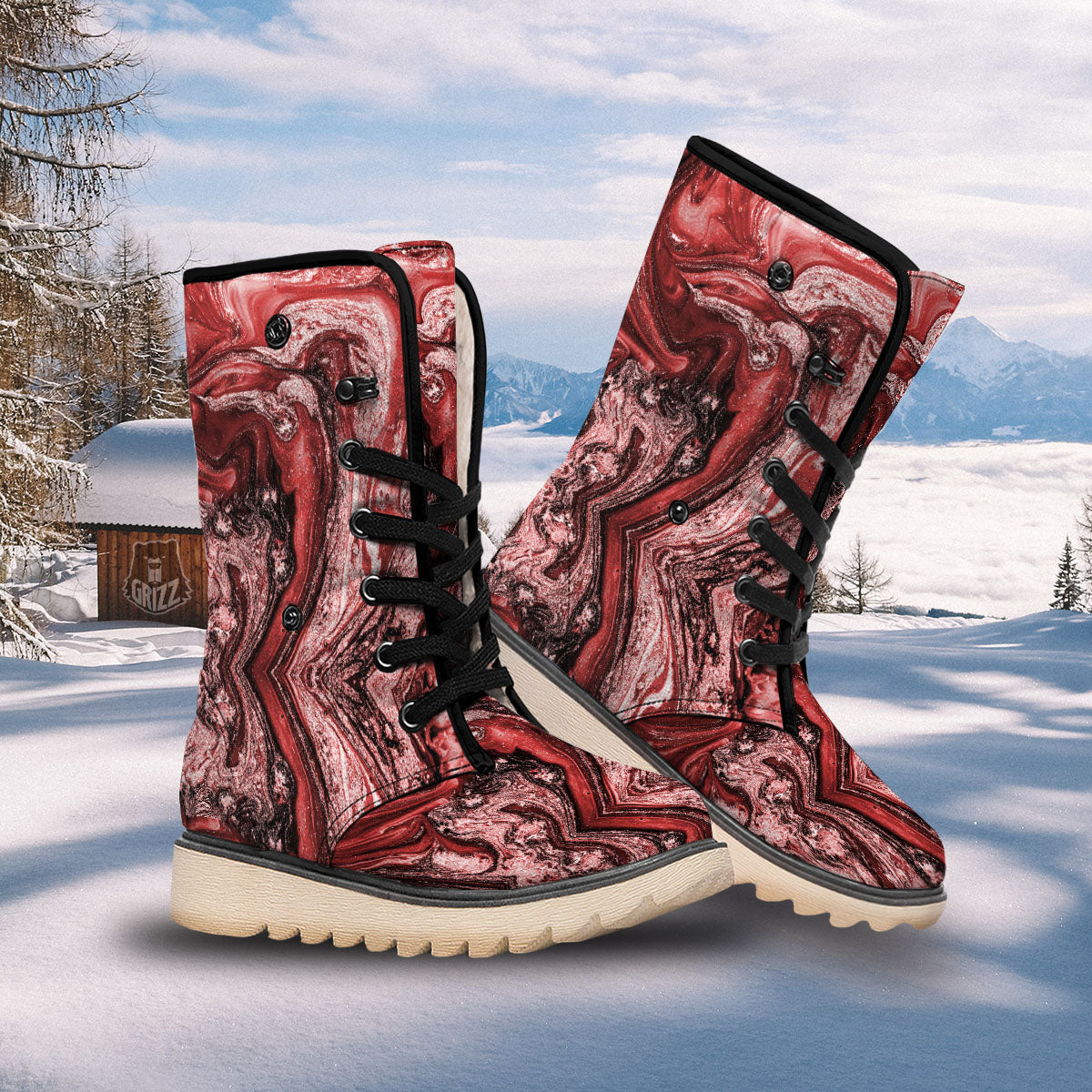Marble Red Print Pattern Snow Boots-grizzshop