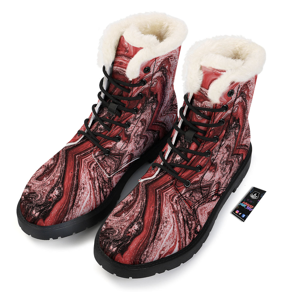 Marble Red Print Pattern Winter Boots-grizzshop